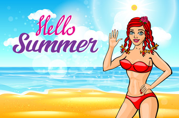 vector Hello, summer sun. girl with a beautiful body at sea. lettering hello summer
