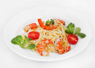 Seafood large shrimp with pasta and tomatoes