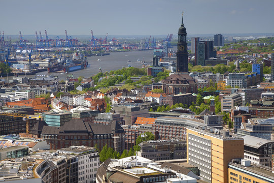 Hamburg. Aerial image of Hamburg with the St. Michael church and harbour.