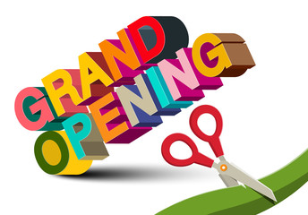 Grand Opening 3D Colorful Vector Title with Scissors on White Background