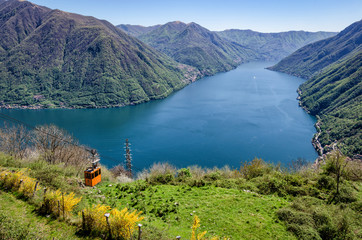 Lago di Como (Lake Como) scenic view with cable car between Argegno and Pigra