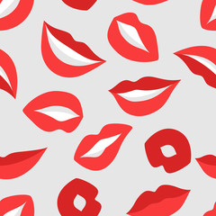 Female lips seamless pattern. Mouths with red lipstick in variety of expressions. Easy to use for backdrop, textile, wrapping paper