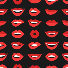 Fototapeta na wymiar Female lips seamless pattern. Mouths with red lipstick in variety of expressions. Easy to use for backdrop, textile, wrapping paper
