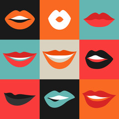 Female lips set. Mouths with red lipstick in variety of expressions. Objects for decoration, design on advertising booklets, banners, flayers