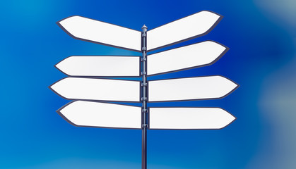Metal signpost in front of blue sky with blank arrows