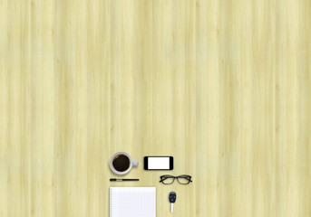 Office table top view image mock up presentation. Wooden background