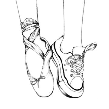 Foot wear pink ballet shoes and white sneakers. Hand drawn illustration. Line art of lifestyle and hobbies. Sketch pointing shoes.