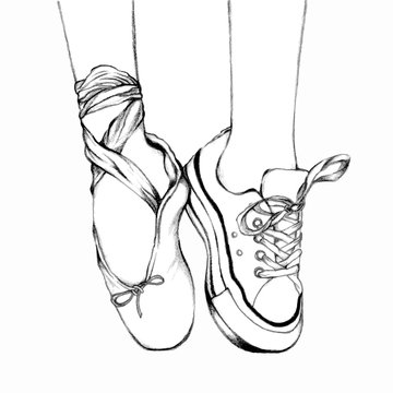 Foot wear ballet shoes and sneakers. Black and White line art by Hand drawn illustration. Line art of lifestyle and hobbies. Vector Illustration of pointing shoes.