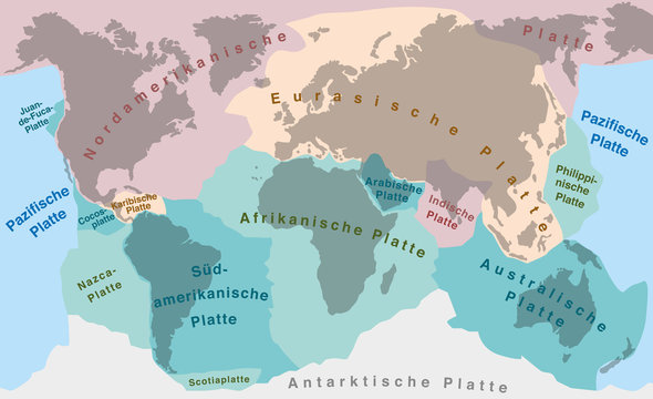 Tectonic plates of planet earth - map with names of major an minor plates. GERMAN LABELING!