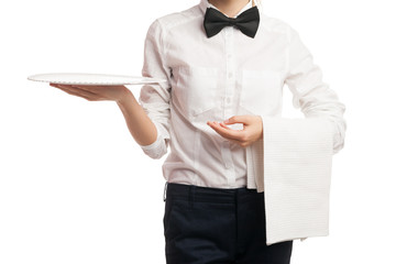 Close-up of elegant waitress holding tray and towel