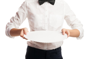 Close-up of waitress holding tray