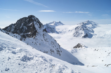 Mountain top panorama from Ghiacciaio presena glacier, near town Ponte di legno, italy