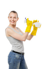 Smiling woman cleansing spray isolated