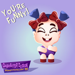 Happy laughing little girl with pigtails and bows. Joyful Tot isolated vector illustration.