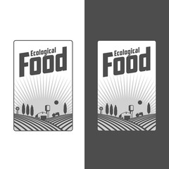 Farm field labels set of vector logos farming, field with a barn, land and trees, badges with fields farm badges isolated on white and black background