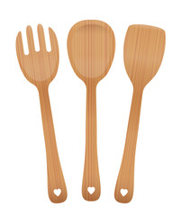 Wooden salad servers - fork, spoon and spatula with wooden texture and blanked out hearts on the handles. Vector illustration on white background.