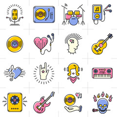 Naklejka premium Music icons set Rock punk jazz symbols in the trendy line art style. Skull icon, notes, instruments, guitar, dj. Vector music illustration