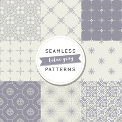 Seamless pattern sets: lilac gray. Trendy textiles, fashion. Geometric and floral vector abstract backgrounds, thin lines