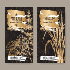 Two labels with Patchouli and lemongrass on black background. - obrazy, fototapety, plakaty