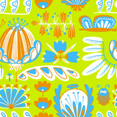 Fototapeta premium Vector decorative seamless background with flowers, bug and butterfly