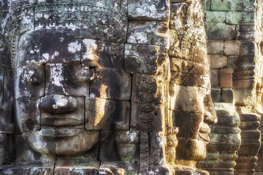 Stone faces at Bayon temple at Angkor, Siem Reap, Cambodia.