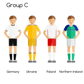 Football team players. Group C - Germany, Ukraine, Poland and Northern Ireland. National football team vector uniforms.
