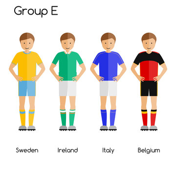 Football team players. Group Sweden, Ireland, Italy and Belgium. National football team vector uniforms.