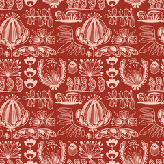 doodle seamless background with flowers, bug and butterfly
