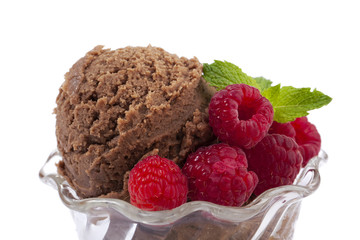 chocolate ice cream with raspberry toppings