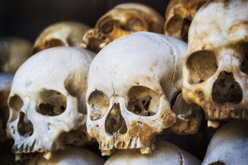 Skulls of victims of the Khmer Rouge stacked at the Killing Fields of Choeung Ek in Phnom Penh, Cambodia.