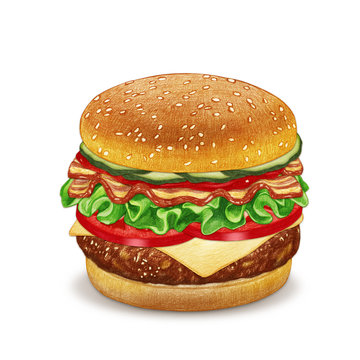 Cheeseburger. Hand-drawn illustration, digitally colored. 
