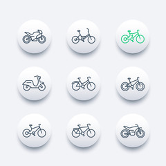 Bikes line icons set, bicycle, cycling, motorcycle, motorbike, fat bike, scooter, electric bike, round modern icons, vector illustration