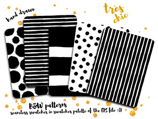 Trendy Black and White Patterns - Set of trendy hand drawn black and white patterns, including polka dots and stripes, on gold-sprinkled white background