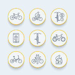 Fototapeta premium Cycling line icons, cyclist, bicycle, bike repair, pictograms, round icons set, vector illustration
