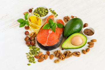 Food sources of omega 3 and healthy fats, healthy heart concept