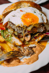 Close up of tasty burger on plate with fries