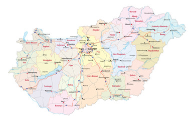 detailed vector roads and administrative map of Hungary with the main cities and rivers