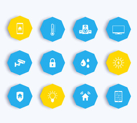 Smart house icons on octagon shapes, vector illustration