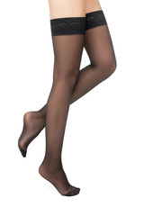 Side view of woman standing in black stockings