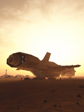 Interplanetary Spaceship Unloading on a Desert Planet - science fiction illustration