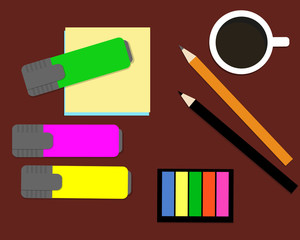 Stationery: markers, stickers, pencils. Vector illustration. It can be used for the websites, registration of magazines, booklets, leaflets