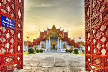 BANGKOK THAILAND - APRIL 19: In front of entrance Wat Benchamabophit Dusitvanaram or The Marble Temple is beautiful temple in BANGKOK THAILAND on APRIL 19, 2016