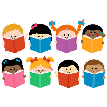 Children Reading Books. Vector Illustration