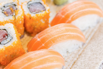 homemade sushi with salmon, cream cheese Philadelphia, Japanese