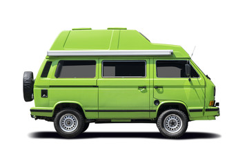 Green camper van side view isolated on white