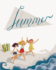 Obraz premium Summer lettering on white background, dedicated to vacation, holidays and sea, with surf boards, sand and girl who jumps to the sea. Letters based on triangles graphic. Branding vector illustration.