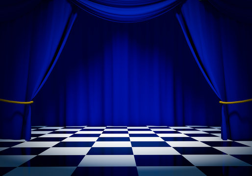 Blue curtains and checkerboard floor