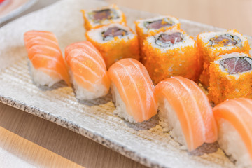 homemade sushi with salmon, cream cheese Philadelphia, Japanese