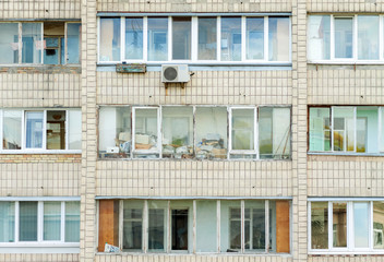Balconies in a modern pre-fabricated house. Kiev, Ukraine. European travel photo.