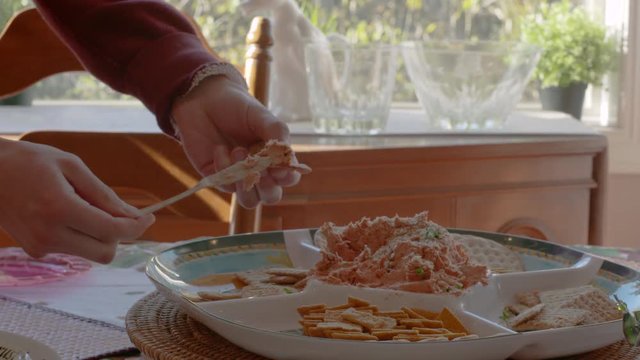 Person Putting Salmon Dip on a Cracker 
